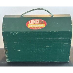 Vtg Wood Lunch-O Lunchbox Box Mid Century American Los Angeles Rope Handle Green